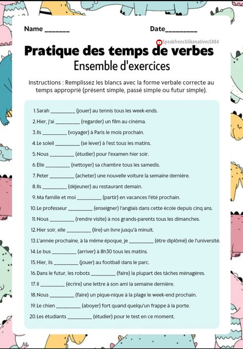 Er Verbs French Exercise, Er Verbs French, French Grammar Exercises, French Study, Basic French Words, French Worksheets, Grammar Exercises, French Verbs, French Language Lessons