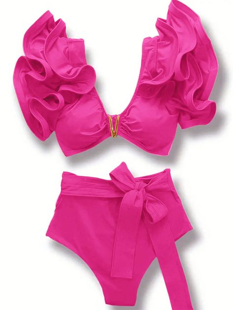 Hot Pink Sexy Collar   Plain  Embellished High Stretch  Women Clothing Summer Swim Suits, Beachwear For Women, Kids Beachwear, Girly Girl, Ruffle Hem, Summer Beach, Women Clothes Sale, Women Clothing, Flamingo