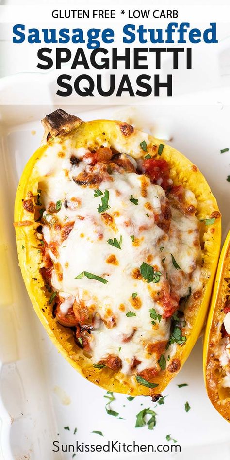 Butternut Squash Boats Stuffed, Ground Turkey Spinach, Chicken With Spaghetti Sauce, Sausage And Spaghetti Squash, Spaghetti Squash Boats, Crockpot Chicken Spaghetti, Spaghetti Squash Recipes Easy, Spaghetti Squash Boat, Squash Boats