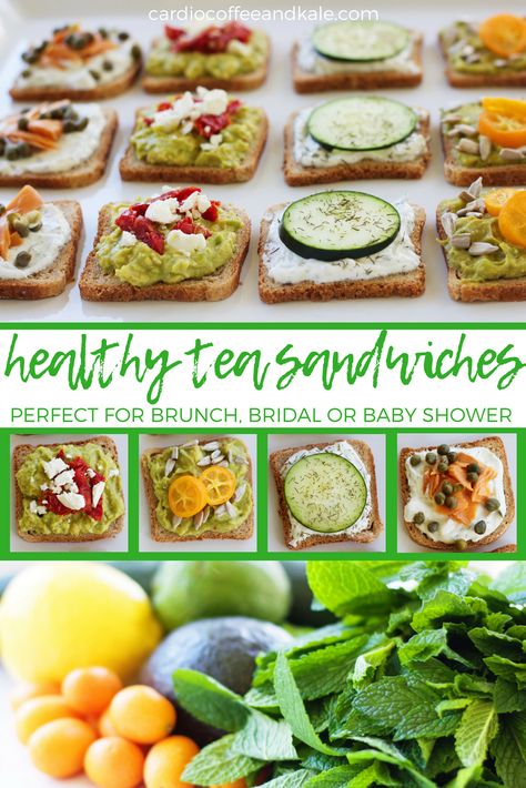 Perfect for your next brunch, shower, or even a tea party!  Healthy and delicious!  4 Healthy Tea Sandwiches - Perfect for a  Brunch, Shower or Tea Party cardiocoffeeandkale.com #cleaneating #healthy #healthyfood #brunchrecipes #showerrecipes #babyshower #bridalshower #avocadotoasts #yummy #healthyfood Healthy Tea Sandwiches, Tea Party Healthy Food, Healthy High Tea Recipes, Healthy Afternoon Tea, Healthy Tea Party Food, Healthy Tea Party Snacks, Healthy Tea Time Snacks, Brunch Ideas Party, Healthy Brunch Ideas