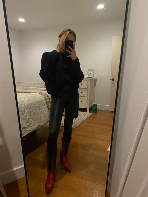 Cowboy boot outfit inspo, Leather leggings outfit inspo, going out outfit, night out Leather Leggings And Cowboy Boots Outfit, Leather Leggings Cowboy Boots Outfit, Boot Leggings Outfit, Cowboy Boots And Leggings, Cowboy Boots Outfit, Leather Leggings Outfit, Going Out Outfit, Boots And Leggings, Outfit Night