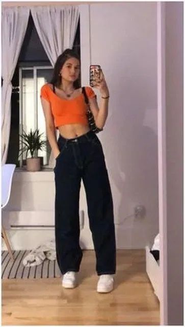 Trendy Spring Outfits, 90s Fashion Outfits, Top Outfit, Looks Black, Orange Top, Teenager Outfits, Outfits Casual, Mode Vintage, Looks Style