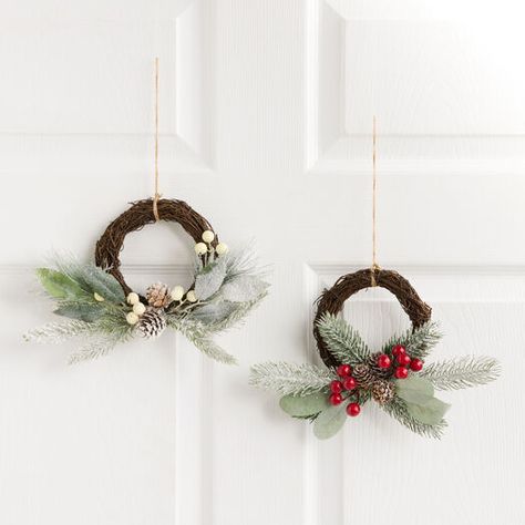 Mini Pinecone and Faux Greenery Wreath with Berries Set of 2 by World Market Mini Wreath Ideas, Mini Wreath Diy, Mini Wreaths Christmas, Square Wreath, Willow Wreath, Mini Wreath, Vine Wreath, Christmas Mantel Decorations, Faux Greenery