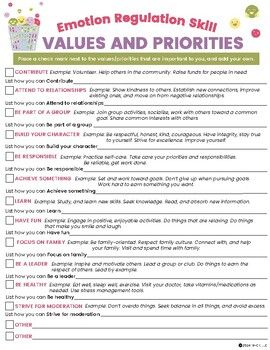 Values And Priorities 1-page printable DBT worksheet. This emotion regulation worksheet invites students to explore and identify values and priorities that are important to them. Their selections can then be used to support decision making for improved mood, or in relationships. This worksheet is a nice supplement to my Accumulate Positive Emotions handout.8.5"x11" digital download printable and fillable PDFWant more resources like this? Check out my full catalog of DBT worksheets and handouts here.Related Products:DBT Coping Skills BundleThank You! I really appreciate your interest in this product! I love to design and create new things to support the emotional and behavioral health of kids and teens! It would  mean so much to me if you left a kind review and rating after purchasing a pro Dbt Group Activities, Dbt Worksheet, Dbt Activities, Dbt Skills Worksheets, Counseling Interventions, Cbt Therapy Worksheets, Kids Chores, Mental Resilience, Emotion Regulation