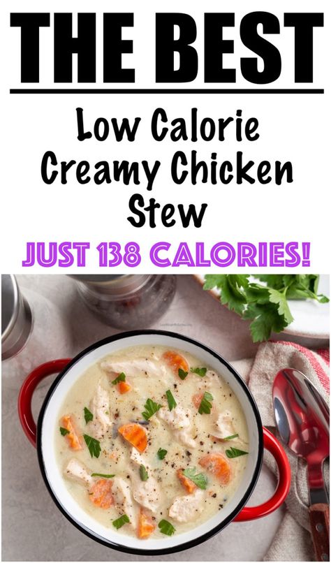 Creamy Chicken Stew in Crockpot {JUST 138 CALORIES} Low Calorie Creamy Chicken, Stew In Crockpot, Low Calorie Stew, Detox Meals, Slow Cooker Stew Recipes, Stew Recipes Crockpot, Creamy Chicken Stew, Chicken Potato Soup, Chicken Soup Crockpot