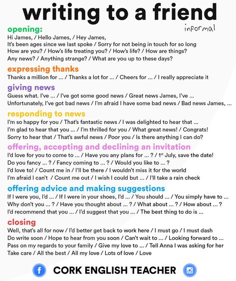 Cork English Teacher a Twitteren: "Writing to a friend? Here's a handy guide. #esl #tefl #elt #english #ielts #fce #cae #toefl https://t.co/WElSWTQEXV" How To Start A Letter To A Friend, Letter To A Friend, Writing Expressions, Writing A Letter, Words Writing, Ielts Writing, Essay Writing Skills, Essay Writer, Pen Pals