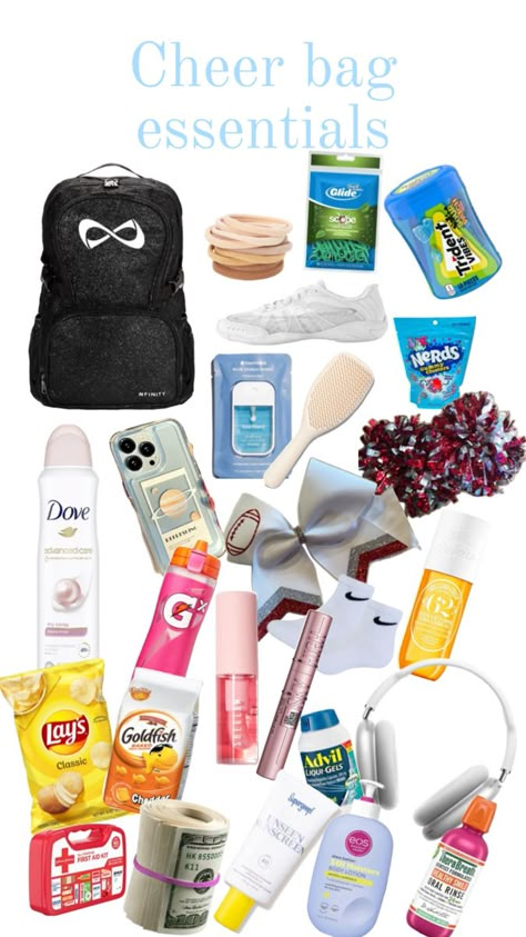 #cheer#bag#essentials Cheer Bag Essentials, Cheer Good Luck Pins, Dance Competition Bag, School Locker Organization, 7th Grade Tips, Cheer Practice Outfits, Cheerleading Bags, Cheer Backpack, Cheer Hacks