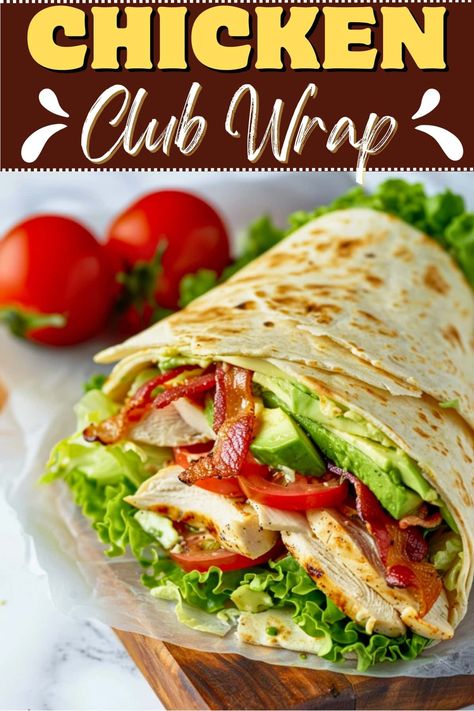 This easy chicken club wrap is the definition of delicious! With chicken, tomatoes, lettuce, avocado, bacon, and a creamy sauce, it's a classic sandwich in wrap form. Ground Chicken Wrap Recipes, Chicken Club Wrap Recipes, Grill Chicken Wraps Recipes, Club Sandwich Wrap Recipes, Chicken Wrap Dressing, Chicken Blt Wraps, Chopped Chicken Wrap, Chicken Bacon Wraps Tortilla, Chicken Spinach Wrap Recipes