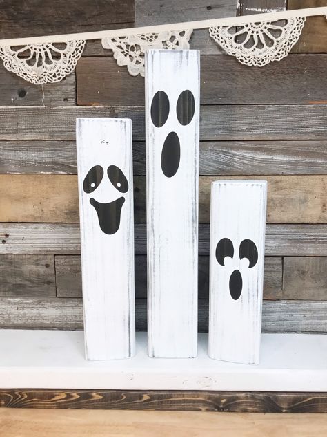 "-SIZE (approximately): Large Block - 20\" x 3.5\" x 3.5\" | Medium Block 16\" x 3.5\" x 3.5\" | Small Block 12\" x 3.5\" x 3.5\" -FINISH: White Distressed background / Black Stained Eyes -Made to sit on a covered porch -This listing is for one MADE TO ORDER wooden sign. Please allow up to 2 weeks from time of purchase for your order to ship. ------------------------------------------------------------------------------ Wood is full of character and no two pieces will look identical. This item i Wood Block Decorations, Wooden Halloween Decorations, Wood Halloween Decorations, Easy Diy Fall Decor, Halloween Porch Sign, Halloween Blocks, 2x4 Crafts, Halloween Wood Signs, Fall Wood Signs