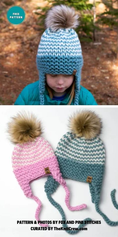 Make perfect knitted ear flap hats for winter with this roundup of knitting patterns with direct links and credit by The Knit Crew. Crochet Toddler Hat With Ear Flaps Free Pattern, Earflap Hat Knitting Pattern, Knit Hat With Earflaps, Crochet Earflap Hat, Hats For Winter, Ponytail Streamer, Kids Crochet Pattern, Girls Winter Hats, Flap Hat