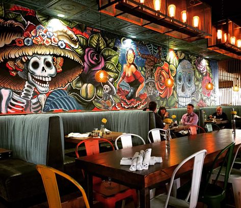 Mexican Theme Restaurant Decor, Mexican Cantina Bar Ideas, Mexico Restaurant Design, Mexican Bar Aesthetic, Aesthetic Mexican Restaurant, Mexican Murals Restaurant, Mexican Bar Decor, Modern Mexican Restaurant Decor, Modern Mexican Restaurant Design