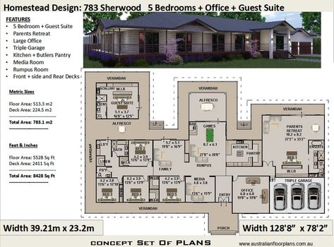 783 m2 | 8428 sq foot  | 6 Bedroom house plan 783 Sherwood  |  Concept House Plans For Sale | Homestead House Plan | by AustralianHousePlans on Etsy Country House Plans Farmhouse, Housing Plans, 6 Bedroom House Plans, House Plans For Sale, 5 Bedroom House Plans, Small Cottage House Plans, House Plans With Photos, Homestead House, Small Cottage Homes