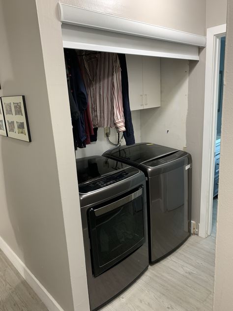 Laundry Closet with Grey/White 3% Screen Roller with White Cassette Cassette Track by Elite Decor Miami Organisation, Laundry Room Door Alternatives, Laundry Closet Doors Alternative, Laundry Closet Curtain, Laundry Room Door Ideas Curtain, Curtains To Hide Washer And Dryer, Farmhouse Renovations, Laundry Room Curtains, Laundry Room Addition