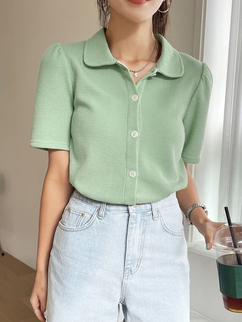 Mint Green Casual Collar Short Sleeve Polyester Plain  Embellished Slight Stretch  Women Tops, Blouses & Tee Green Outfits For Women, Flower Girl Dresses Navy, Knit Puff Sleeve, Polo Outfit, Green Fits, Elegant Shirt, Trend Fashion, Lookbook Outfits, Teen Fashion Outfits