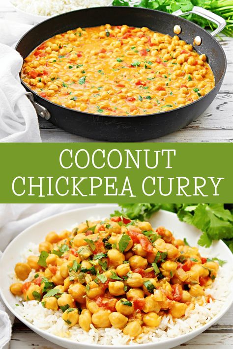 Coconut Chickpea Curry ~ This robust and aromatic restaurant-quality curry is perfect for a quick weeknight dinner or a cozy weekend meal! via @thiswifecooks Coconut Chickpea Curry, Coconut Chickpea, Vegan Chickpea Curry, Chickpea Curry Recipe, Chickpea Coconut Curry, Meatless Meal, Vegan Chickpea, Cozy Weekend, Vegan Coconut