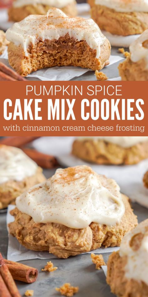 Pumpkin Spice Cake Mix Cookies! Easy Pumpkin Cookies with Cinnamon Cream Cheese Frosting! Fall Cake Mix Cookies for Thanksgiving or Halloween! So easy to make! #lemonpeony #pumpkin #cakemixcookies #cookies #pumpkincookies #cinnamon #pumpkinspice Pumpkin Cookies 2 Ingredients, Spice Cake And Pumpkin Cookies, Pumpkin Cookies Using Spice Cake, Pumpkin Cake Cookies Easy, Spice Cake Mix Cookies, Pumpkin Cake Cookies, Pumpkin Spice Cake Mix, Pumpkin Cake Mix Cookies, Pumpkin Spice Cookie Recipe