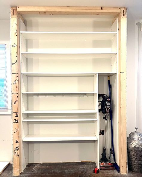 Pantry Out Of Cabinets, Accordion Pantry Doors, Diy Pantry Small Space, Pantry And Broom Closet Combo, Built In Pantry Cabinet Wall Storage, Diy Cabinet Pantry, Built In Pantry Closet, How To Make A Pantry In Small Kitchen, How To Build A Pantry Cabinet