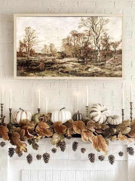 Maple Leaf Branch, Fall Mantel Decorating Ideas, Old Window Panes, Fall Mantel Decor, Pinecone Garland, Halloween Mantel, Gold Pumpkins, Entertaining Gifts, Bird Figure