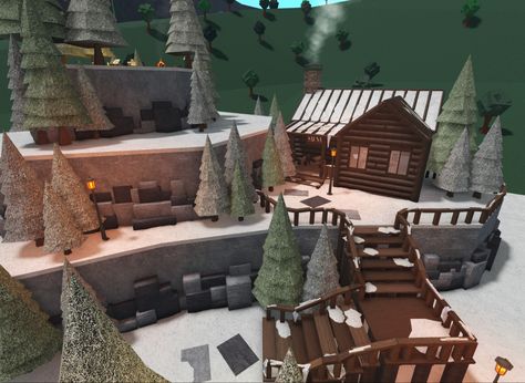 Bloxburg Small Cabin Ideas, Log Cabin Bloxburg House, Bloxburg House Ideas On A Hill, Bloxburg Winter Cabins, Bloxburg Log Cabin Layout, Bloxburg Log Cabin Ideas, Small Cabin Bloxburg, Bloxburg House On A Mountain, Bloxburg Winter Backyard Ideas