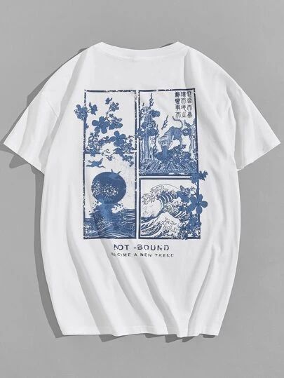 Men Floral And Japanese Print Tee | SHEIN EUR Graphic Shirt Design, Shirt Design Inspiration, Wave Print, Alphabet Print, Tee Shirt Homme, Tee Shirt Designs, Men Clothing, Tee Design, Printed Tees