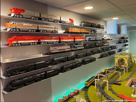 Thursday is one day closer to "Train Time Weekend". We love 😍 customer photos. MrTrain.com train shelves look even better with an awesome collection sitting on them. Order your S, HO or O gauge train shelves to make a statement on your walls! #trains #displayshelves #modeltrains #modelrailroad #toytrains #lioneltrains #americanflyer #oscaletrains #oscale #hoscale #hoscaletrains #ogauge #ogaugetrains #customer #gifts #hobby #hobbyshop #railroad #railroadphotography #trainhobby #hobbyworld #hob... Train Table Layout, Toy Train Layouts, Lionel Train Sets, Train Display, Model Train Table, Train Table, Old Train Station, Train Room, Ho Scale Trains