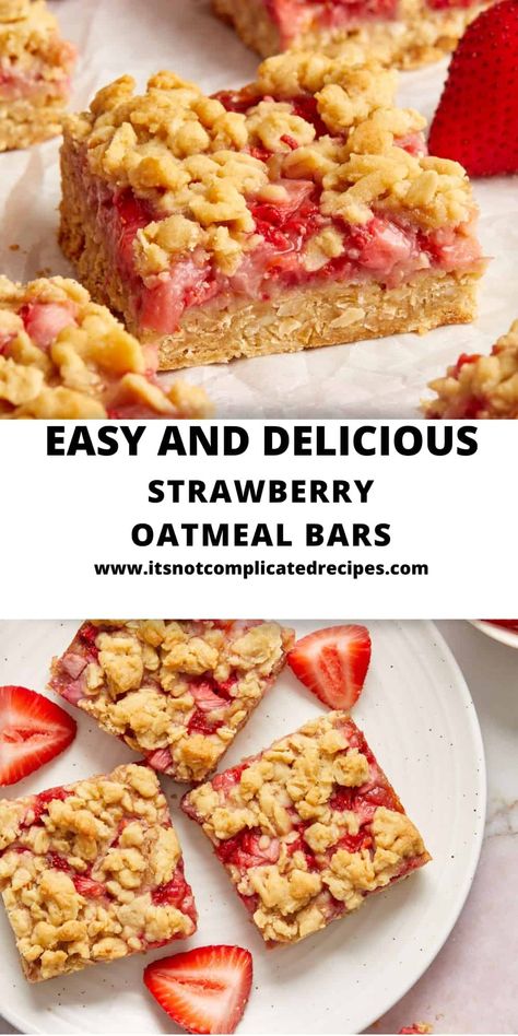 These delicious Strawberry Oatmeal Bars are certain to become your favourite new recipe. With a crisp, slightly chewy base, a sweet, fresh strawberry centre and a crispy crumble topping, they are a guaranteed crowd-pleaser. If you love a good, sweet treat that is quickly and easily made, this recipe is for you. The most difficult part is waiting for them to cool down once they’re baked! Gluten Free Strawberry Oatmeal Bars, Fruit Based Breakfast, Strawberry Bars Recipes, Strawberry Oatmeal Bake, Oatmeal Fruit Bars, Homemade Fruit Bars, Strawberry Recipes Healthy, Strawberry Breakfast Bars, Homemade Oatmeal Bars