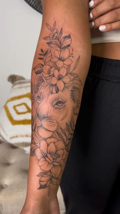 Colored Lion Tattoo For Women, Lion Arm Tattoo Women, Tattoos Ideas Female, Female Lion Tattoo, Underarm Tattoo, Unique Half Sleeve Tattoos, Lower Arm Tattoos, Arm Sleeve Tattoos For Women, Unique Tattoos For Women