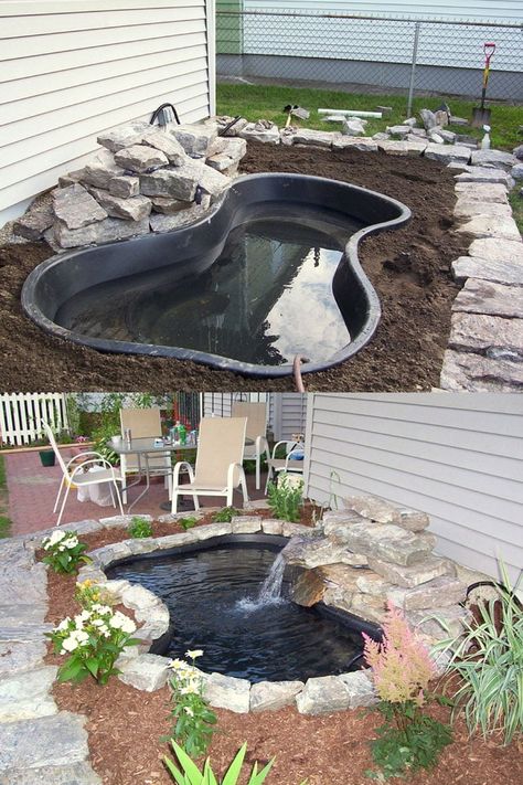 Diy Pond Ideas, Small Garden Patio, Patio Water Feature, Small Backyard Ponds, Diy Ponds Backyard, Backyard Waterfall, Taman Diy, Taman Air, Garden Pond Design