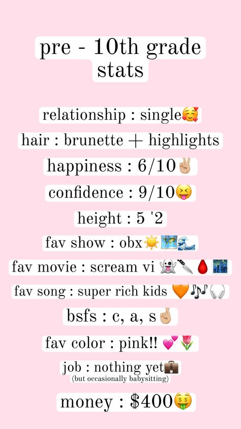 pre 10th grade stats!! (gonna do one at the end of the year too!!) #fyp #f4f #follow #remix #remixthis #stats #status #10thgrade #sophomoreyear #sophomore 10th Grade, Super Rich Kids, Brunette Highlights, Sophomore Year, Rich Kids, End Of The Year, The End, The Year, Back To School