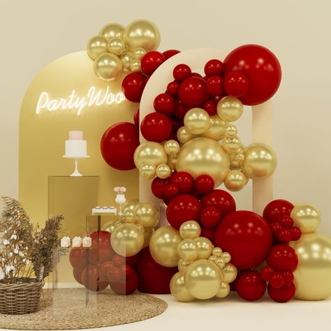 Red And Gold Holiday Decor, Red And Gold Balloons Decoration, Red And Gold Balloon Arch, Hollywood Balloon Arch, Red Decorations Party, Red And Gold Balloons, Red And Gold Decorations, Red And Gold Party, Gold Balloons Decorations