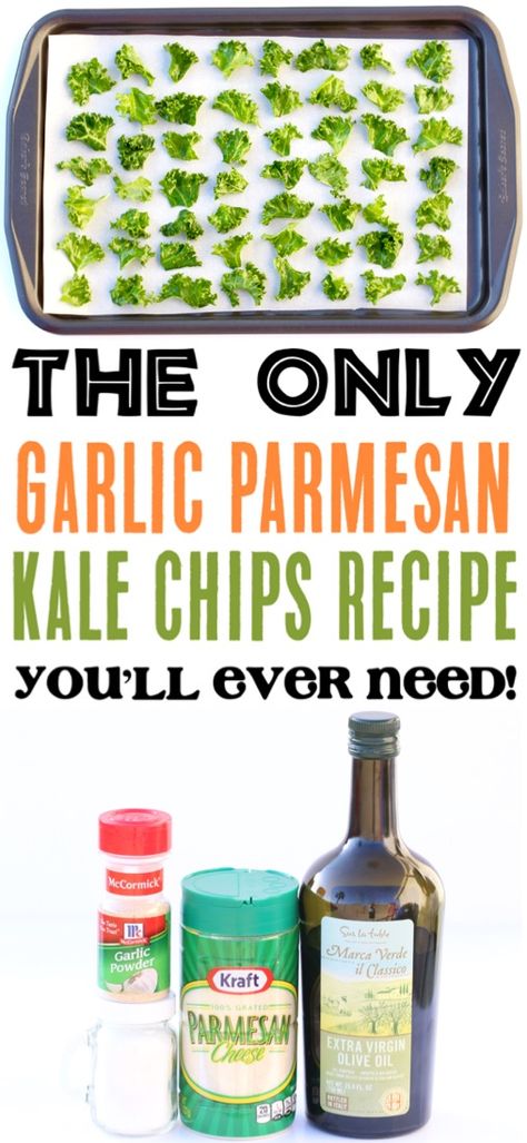 Garlic Parmesan Kale Chips Recipe! {Just 5 Ingredients} - The Frugal Girls Kake Chips Baked, Keto Kale Chips, Easy Kale Chips, Baked Kale Chips Oven, Recipes With Kale, Party Food On A Budget, Spinach Chips, Baked Kale Chips, Kale Chips Recipe