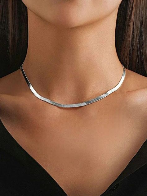 Silver  Collar  Stainless Steel   Embellished   Women's Fashion Jewelry Jewelry Stainless Steel, Solid Necklace, Peacock Jewelry, Stile Hip Hop, Herringbone Design, Herringbone Necklace, Silver Flats, Estilo Hip Hop, Wallpapers Backgrounds