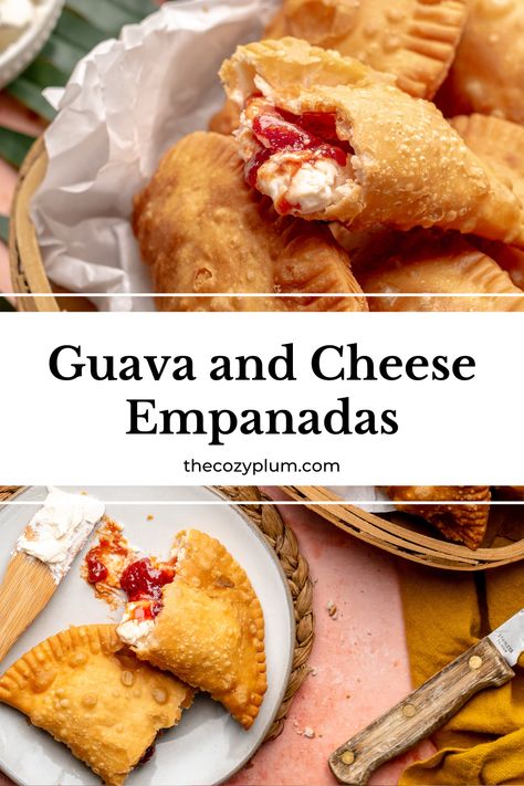 Guava and cheese empanadas are a tasty sweet and tangy treat! The empanada filling is made with tropical guava paste and cream cheese that gets stuffed inside of pre-made empanada dough discs and fried, air fried, or baked into a nice crispy texture. These 4-ingredient guava dessert empanadas are so easy to make and packed with delicious, rich flavor. Puerto Rican Guava And Cheese, Guava Desserts Easy, Empanada Dessert Recipes, Guava Pastry Recipe, Guava And Cheese Appetizers, Sweet Empanadas Filling, Guatemala Desserts, Guava Cream Cheese Pastry, Authentic Mexican Empanadas Recipe