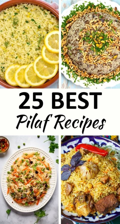 Collage of four pilaf recipes. Shrimp And Rice Pilaf Recipes, Leftover Rice Pilaf Recipes, Rice Pilaf Dinner Ideas, Pilafi Greek, Pilaf Rice Recipe, Greek Rice Pilaf, Rice Sides, Greek Rice, Greek Lemon Rice