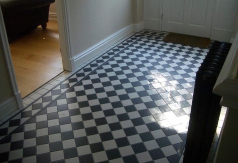 Black and White Diagonal Chequered Tiles | FireTile Ltd Porch Black And White, White Bathroom Floor Tile, Chequered Floor, Black And White Floor Tiles, White Bathroom Floor, Black And White Bathroom Floor, Victorian Hallway Tiles, White Floor Tiles, Hallway Tiles