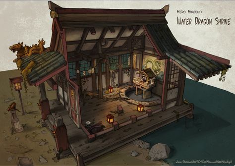 ArtStation - Water Dragon Shrine, Luca Naldini Shrine Interior, Feng Zhu Design, Interior Concept Art, Feng Zhu, Water Temple, Asian House, Architecture Mapping, Japanese Shrine, Digital Sculpture