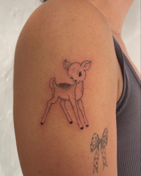 Baby Deer Tattoo, 2023 Goodbye, Bambi Tattoo, Fawn Tattoo, Cottagecore Tattoo, Saint Tattoo, Artsy Tattoos, Reaper Tattoo, Deer Tattoo