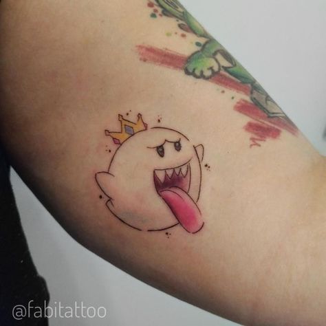 King Boo Tattoo Design, Video Game Inspired Tattoos, Boo Tattoo Mario, King Boo Tattoo, Geek Tattoo Ideas, Nintendo Tattoos, Video Game Tattoo Ideas, Mario Tattoos, Yoshi Tattoo