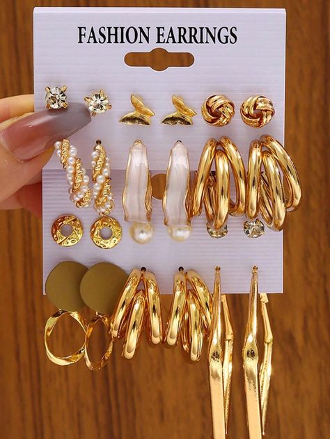 6pairs Fashionable And Simplified Faux Pearl & Rhinestone & Oil Drop Detail Geometric Metallic Earrings For Women's Holiday, Party And Daily Wear Gold    Zinc Alloy     Women Fashion Jewelry, size features are:Bust: ,Length: ,Sleeve Length: Metallic Earrings, Girly Bracelets, Dope Jewelry Accessories, Oil Drop, Decor Butterfly, Pearl Decor, Earring Sets, Dope Jewelry, Gold Collar