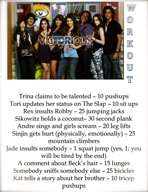 Victorious Workout - compiled by yours truly. We watched the entire first season in two days... Kc Undercover Workout, Victorious Workout, Movie Workout Challenge, Jessie Workout, Netflix Workout Tv Shows, Tv Show Workout Challenge, Show Workouts, Tv Workout Challenge, Netflix Workout