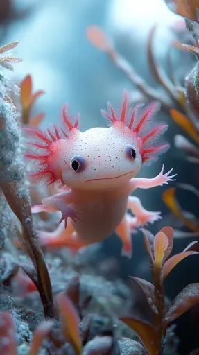 ↑↑↑ Larger size on website 🔸 A pink axolotl with feathery gills is swimming through a bed of delicate, reddish-brown aquatic plan Leucistic Axolotl, Axolotl Swimming, Pink Axolotl, Underwater Scene, Muted Tones, Aquatic Plants, Reddish Brown, Reptiles, Pink Color