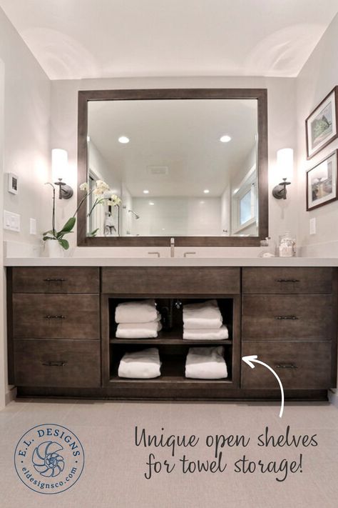 Vanity With Open Shelves, Open Bathroom Vanity, Kitchen For Entertaining, Aptos California, Large Bathroom Vanity, Master Suite Remodel, Bathroom Vanity Remodel, Cabin Bathroom, Cabin Bathrooms