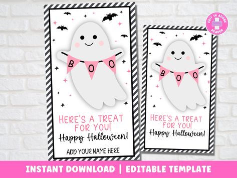 "Boo! Here's a treat for you! Happy Halloween! Editable Halloween treat tags. They go perfect for a Halloween party favor, treat bag for a friend, coworker, teachers, etc! 2x3.5\" favor tags that print 12 to a page. Print on heavy duty card stock paper for the best results! --------------------------------------------- WHAT'S INCLUDED ---------------------------------------------- Boo! Here's a Treat for you! - Halloween Gift Tags This gift tag has 2 versions: 1. Editable PDF in Adobe Reader - E Halloween Favor Tags, Halloween Treat Tags, Cookie Tags, Halloween Gift Tags, Halloween Favor, Girls Party Favors, Fröhliches Halloween, Halloween Favors, Printable Favor Tags