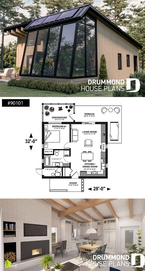 Eco Friendly House Plans, Eco House Plans, Plan Interior Design, One Bedroom House Plans, 1 Bedroom House Plans, Eco House Design, One Bedroom House, Ecological House, Drummond House Plans