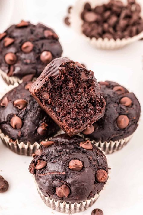 Chocolate Zucchini Muffins Recipe - Shugary Sweets Vegan Chocolate Muffins, Double Chocolate Zucchini Muffins, Sourdough Muffins, Zucchini Muffin Recipes, Chocolate Zucchini Muffins, Chocolate Crumbs, Double Chocolate Muffins, Shugary Sweets, Dairy Free Yogurt