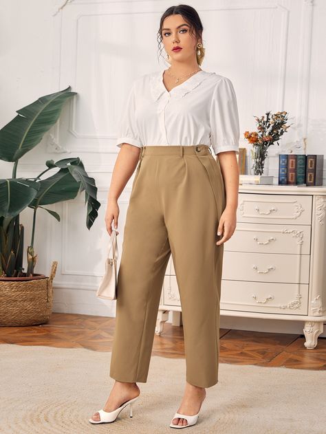 Khaki Elegant Collar Fabric Plain Tapered/Carrot Embellished Slight Stretch Spring/Summer/Fall Plus Size Bottoms Elegant Plus Size Outfits, Office Outfits Women Plus Size, Summer Work Outfits Plus Size, Curvy Work Outfit, Plus Size Business Attire, Office Attire Women, Summer Office Outfits, Casual Work Outfits Women, Formal Wear Women