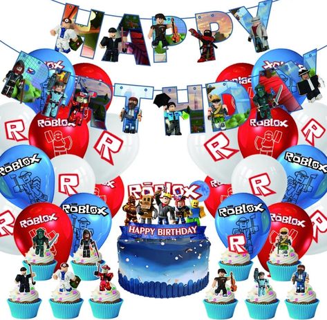 Roblox complete birthday set All party supplies are 100% safe and non-toxic for children or adults. Banners and cupcakes are made of environmentally friendly food grade cardboard, balloons are made of safe latex material, strong and durable, safe to use, non-toxic and odorless. This value for money party set includes:  1 Roblox happy birthday theme banner, 18 Roblox latex balloons 1 Roblox cake topper  12 Roblox cupcake toppers Roblox Happy Birthday, Roblox Cupcake, Roblox Cake Topper, 12 Balloons, Happy Birthday Theme, Roblox Cake, Roblox Birthday, Happy Birthday Banners, Latex Balloons