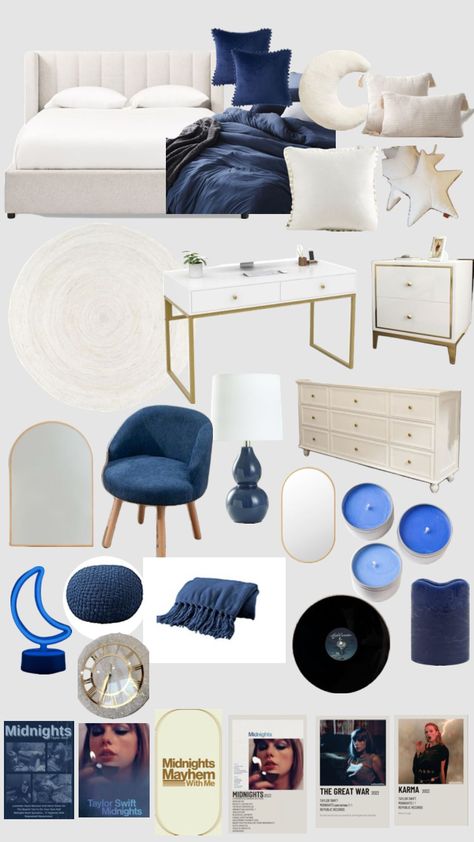 #taylor swift #midnights #navy/blue￼bedroom Dorm Room Ideas Navy Blue, Room Ideas Navy Blue, Pink College Dorm Room Ideas, Navy Room Ideas, Navy Dorm Room, Navy Room Decor, Pink College Dorm, College Dorm Room Ideas Aesthetic, Dorm Room Ideas Aesthetic