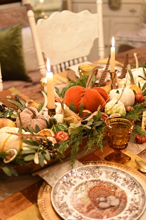 Follow The Yellow Brick Home - A Thanksgiving Tablescape Sneak Peek by Cozy Candlelight – Follow The Yellow Brick Home Thanksgiving Tablescapes Elegant, Thanksgiving Dining Room, Cozy Candlelight, Dough Bowl Centerpiece, Cedar Wreath, Place Settings Thanksgiving, Yellow Brick Home, Thanksgiving Wishes, Thanksgiving Tablescape