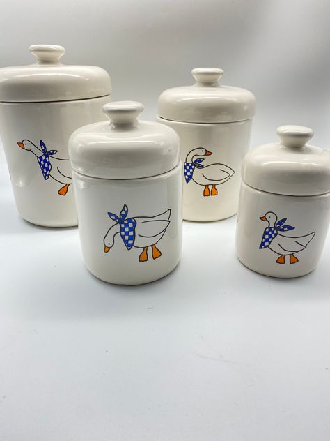 "Adorable vintage goose or duck canister set of 4 sizes. Great vintage condition: no chips, cracks or crazing. Largest measures: 9\" x 6\" Smallest measures: 6\" x 3.5\"" Country Goose Decor, Goose Kitchen Decor, Duck Kitchen Decor, 1980s Kitchen, Duck Stuff, Whimsical Kitchen, 1980s Style, Duck House, Silly Goose